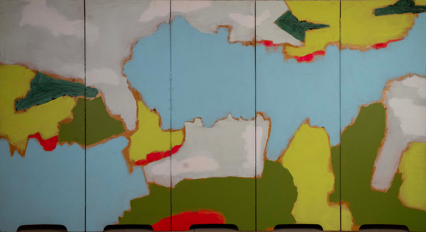 Multicolored abstract landscape painting on a wooden panel (folding screen/ room divider).
