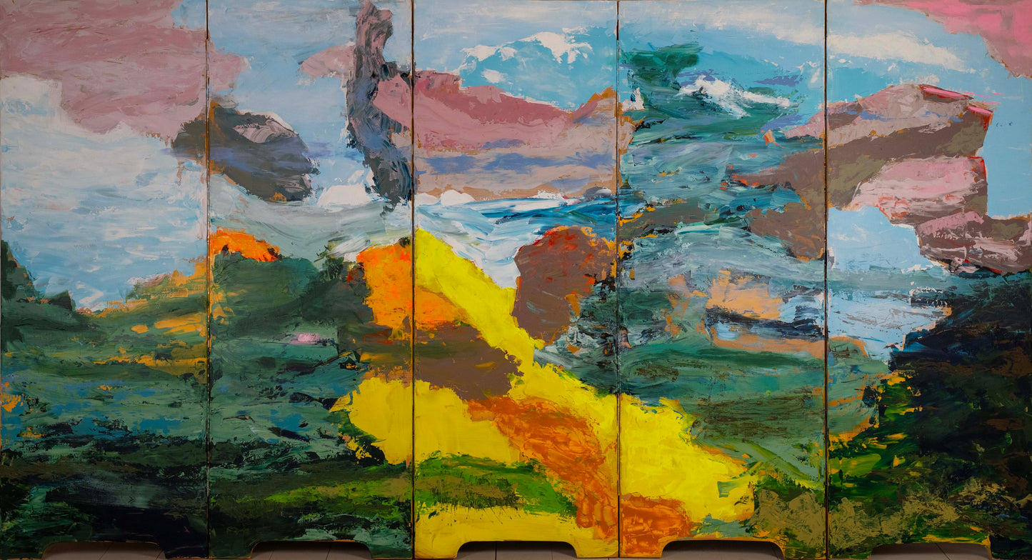 Multicolored abstract landscape painting on a wooden panel (folding screen/ room divider).