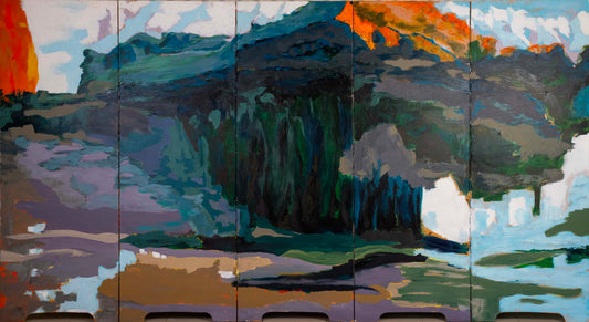 Multicolored abstract landscape painting on a wooden panel (folding screen/ room divider).