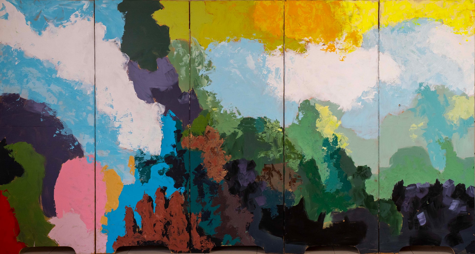 Multicolored abstract landscape painting on a wooden panel (folding screen/ room divider).
