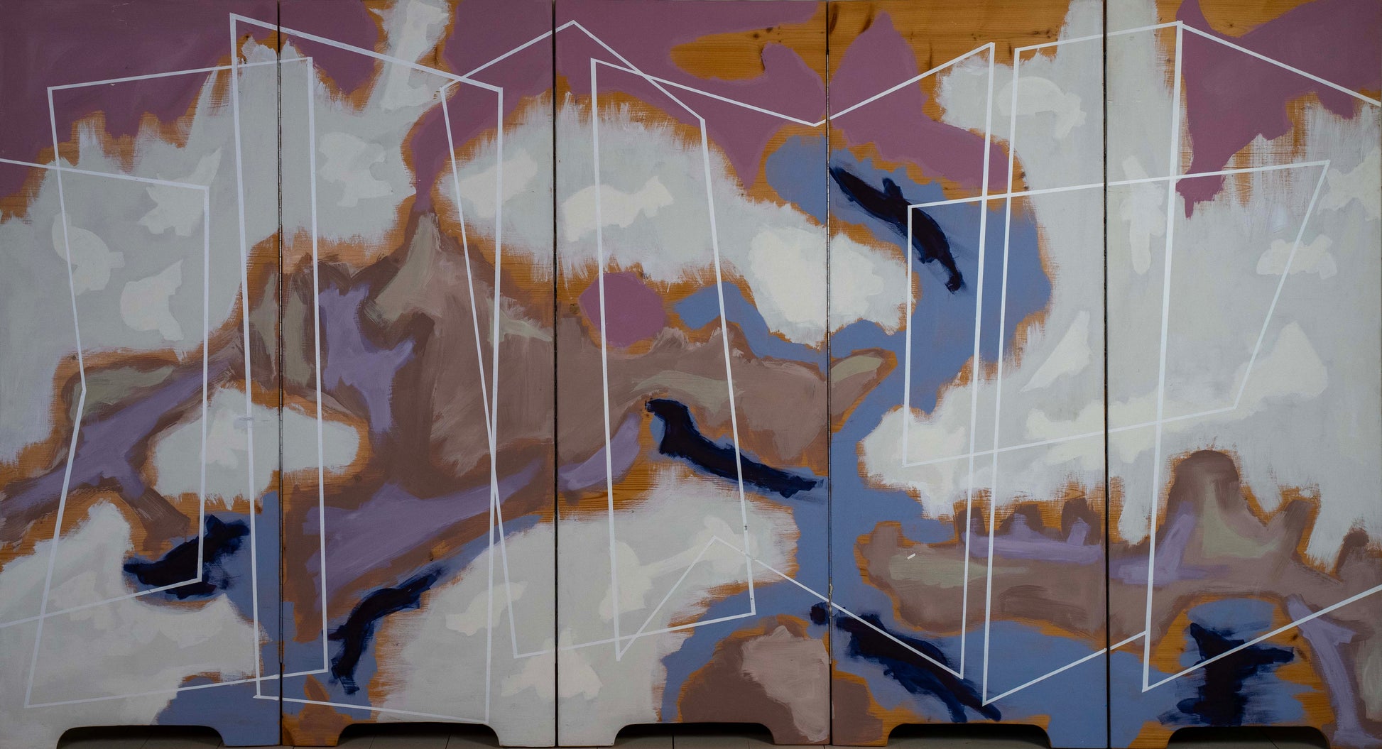 Multicolored abstract landscape painting on a wooden panel (folding screen/ room divider).